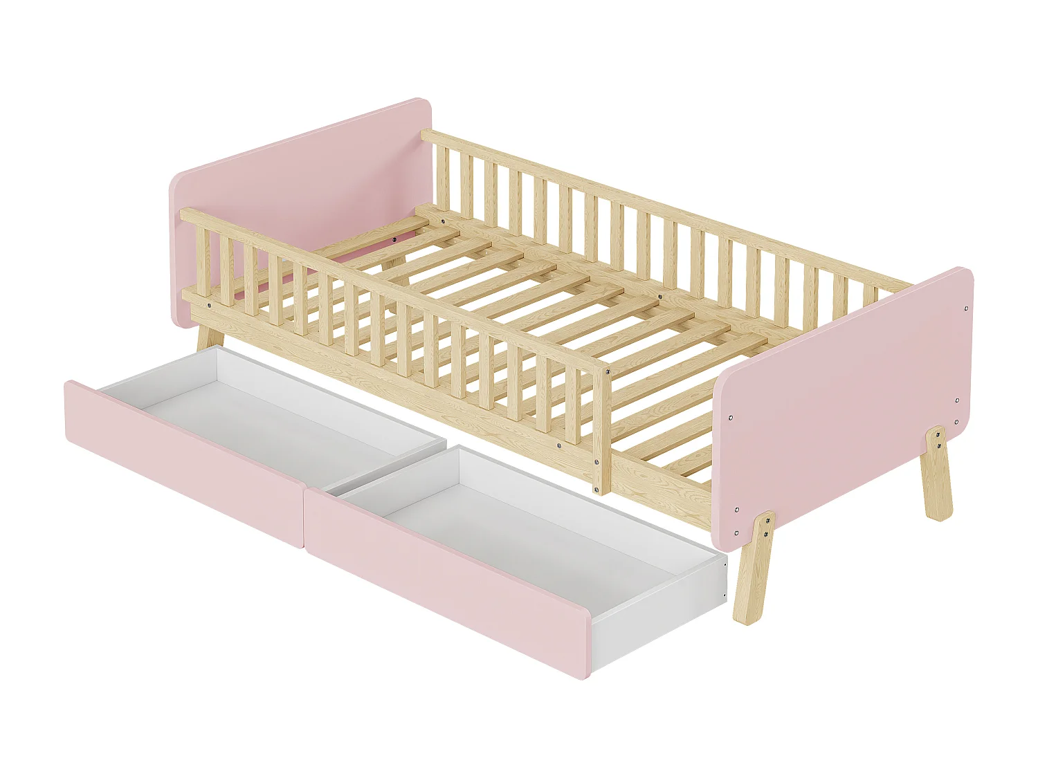 Cama individual infantil 90x190 con 2 cajones, cama individual de madera maciza con somier, color rosa