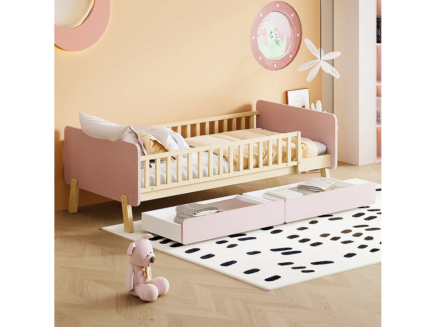 Kinder eenpersoonsbed 90x190 met 2 lades, massief houten eenpersoonsbed met lattenbodem, roze