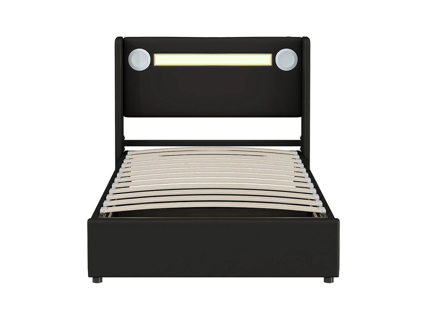 Cama con canapé 90x200cm - Cama individual con somier de láminas, cabecero LED con Bluetooth y puerto USB - en piel sintética negra