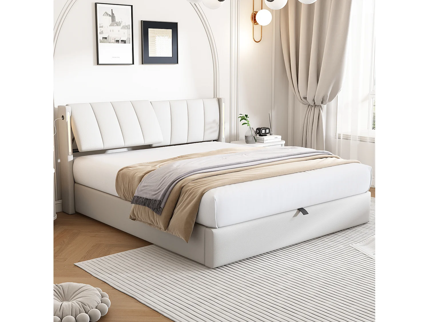 Lit coffre avec binaural, lit rembourré en PU, avec sommier à lattes, et tête de lit réglable LED et Port USB, Blanc 160x200cm