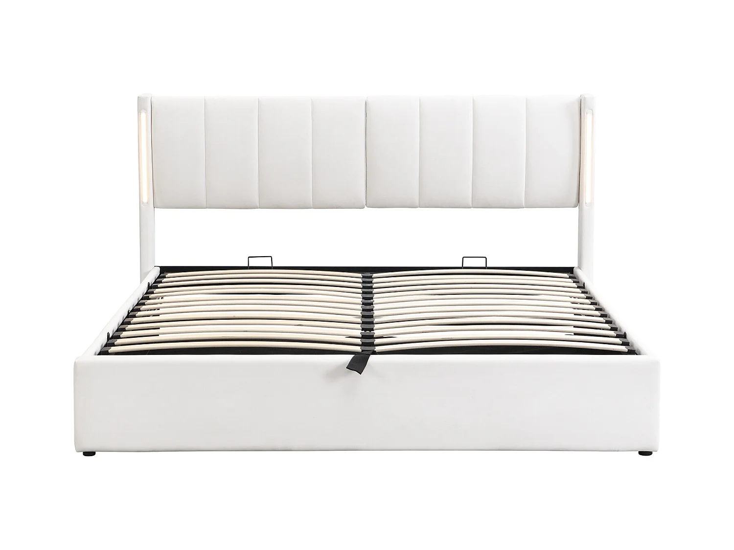 Lit coffre avec binaural, lit rembourré en PU, avec sommier à lattes, et tête de lit réglable LED et Port USB, Blanc 160x200cm