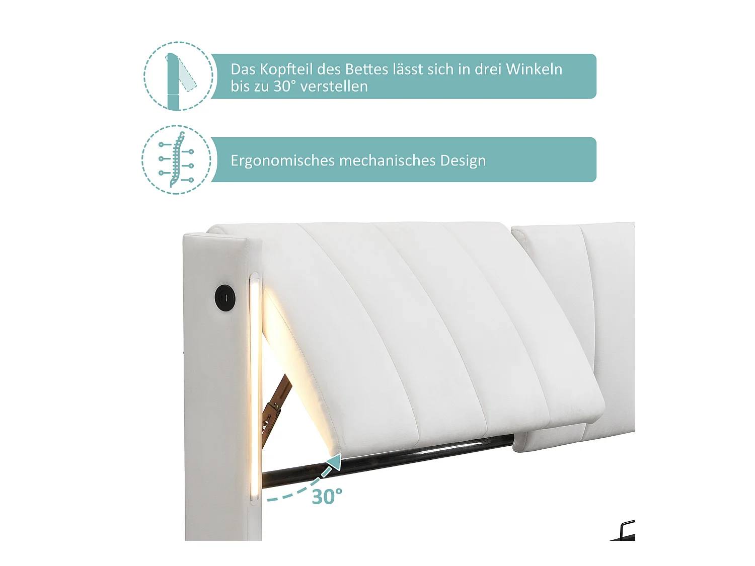 Lit coffre avec binaural, lit rembourré en PU, avec sommier à lattes, et tête de lit réglable LED et Port USB, Blanc 160x200cm