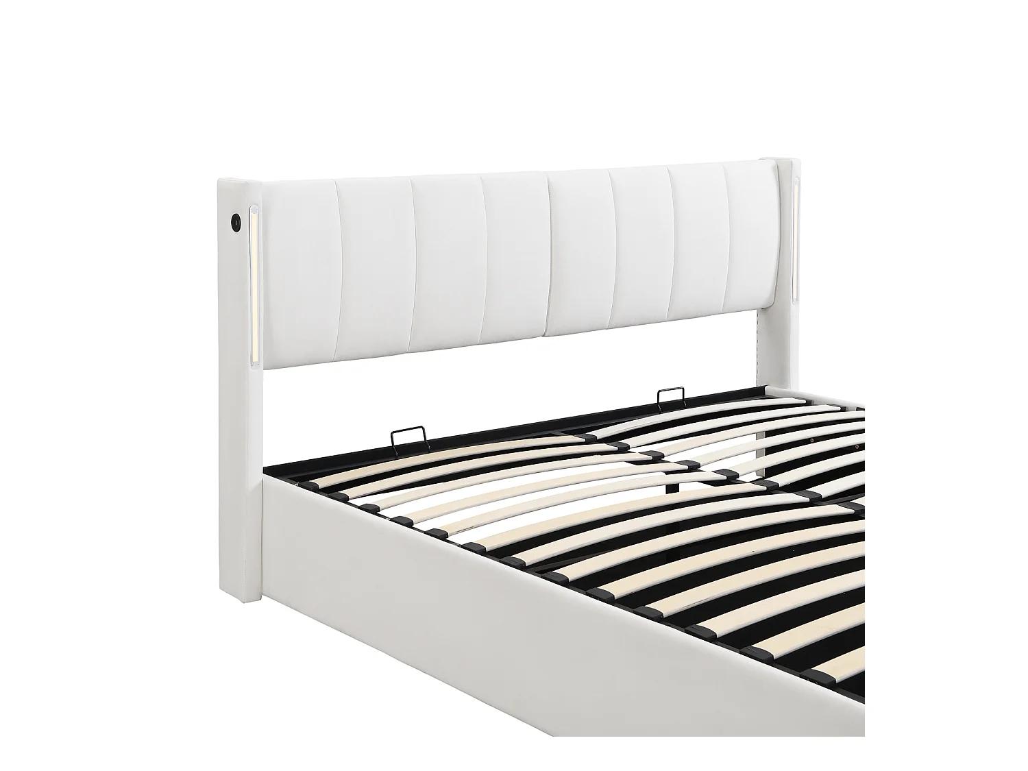 Lit coffre avec binaural, lit rembourré en PU, avec sommier à lattes, et tête de lit réglable LED et Port USB, Blanc 160x200cm
