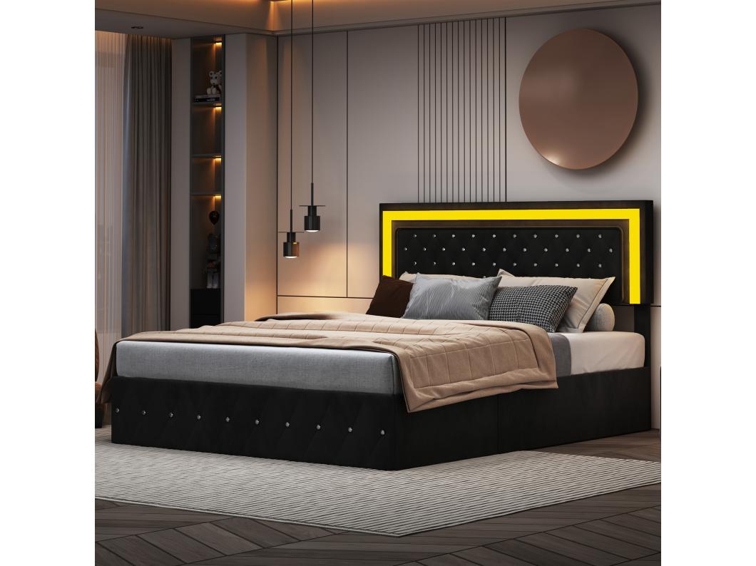 180x200 cm fluwelen opbergbed - met LED en lattenbodem - Tweepersoonsbed met opbergruimte - met in hoogte verstelbaar hoofdeinde - Zwart