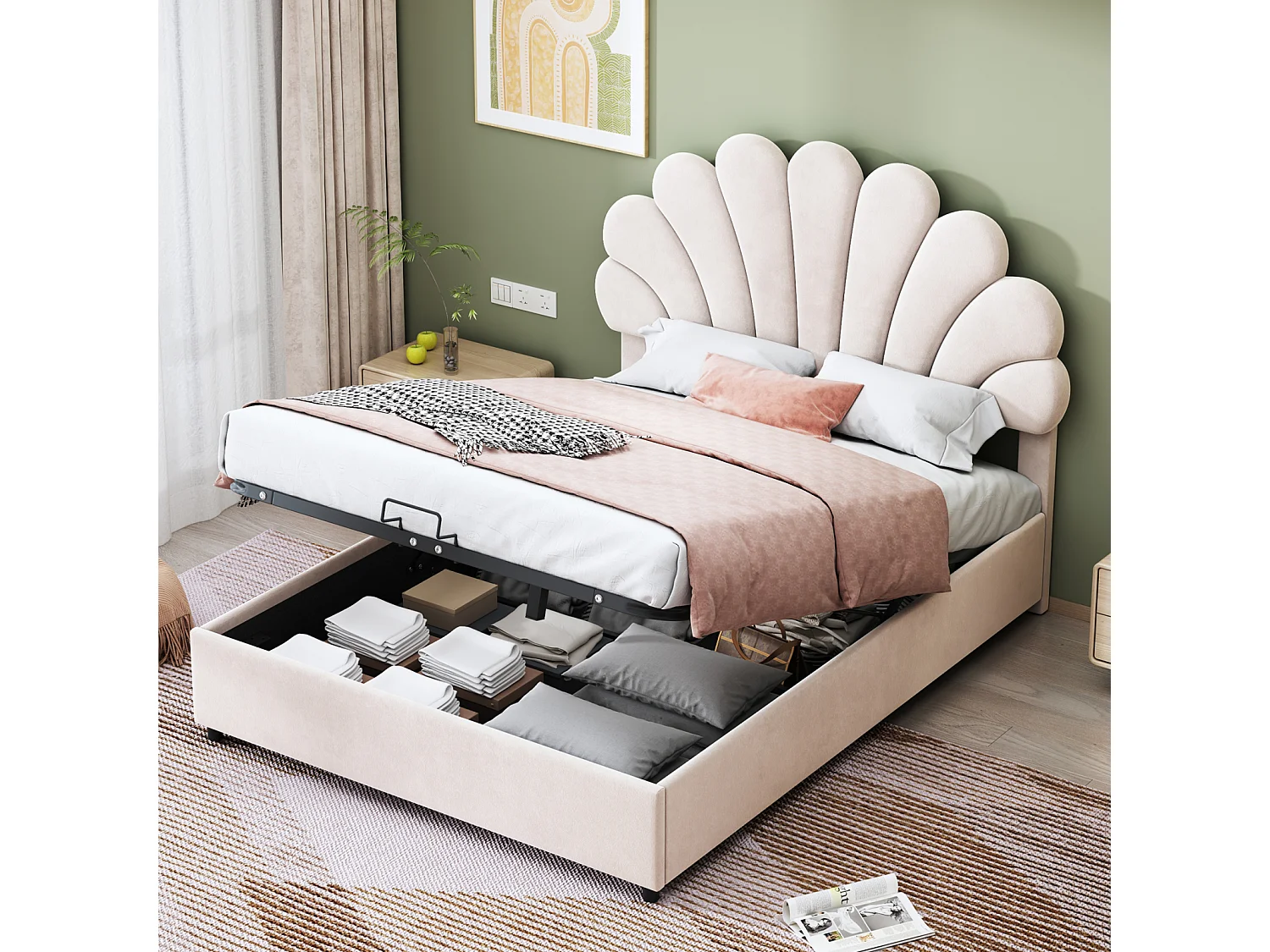 Opbergbed 140x200cm, met lattenbodem en bloemenhoofdbord, in hoogte verstelbaar, fluwelen stof, beige