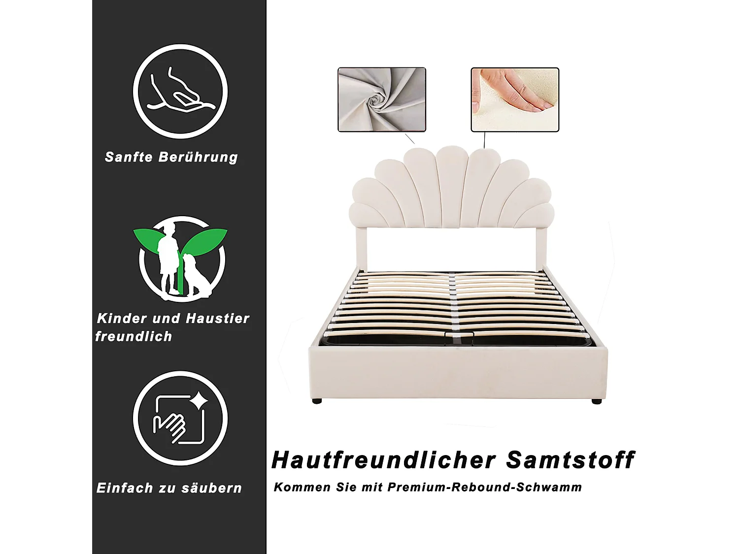 Opbergbed 140x200cm, met lattenbodem en bloemenhoofdbord, in hoogte verstelbaar, fluwelen stof, beige