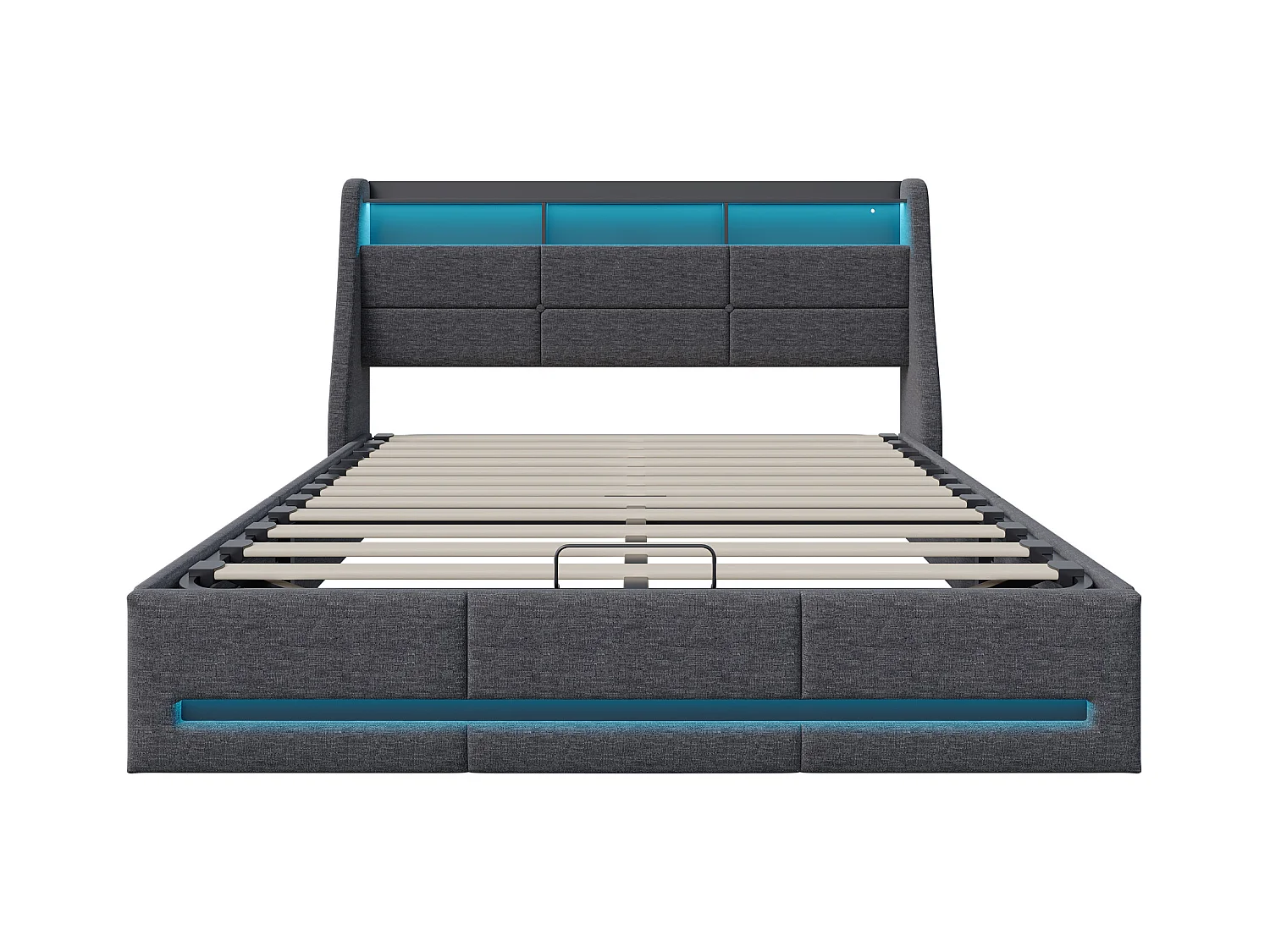 Cama de arrumação 160x200 cm estofada em tecido de linho - com LED e portas de carregamento - com base de ripas - Cinzento