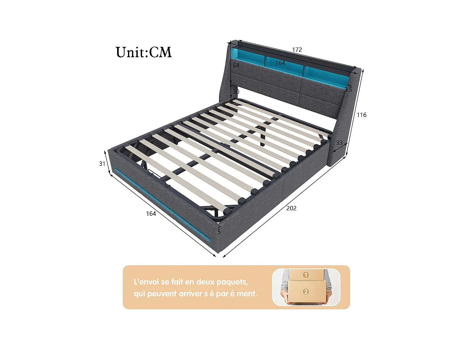Cama de arrumação 160x200 cm estofada em tecido de linho - com LED e portas de carregamento - com base de ripas - Cinzento