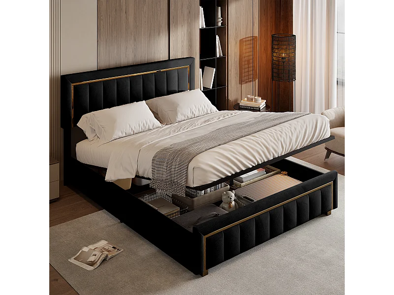 Lit coffre 160x200cm, lit double avec sommier à lattes et tête de lit et pied avec bordure dorée plaquée, bois & flanelle, noir