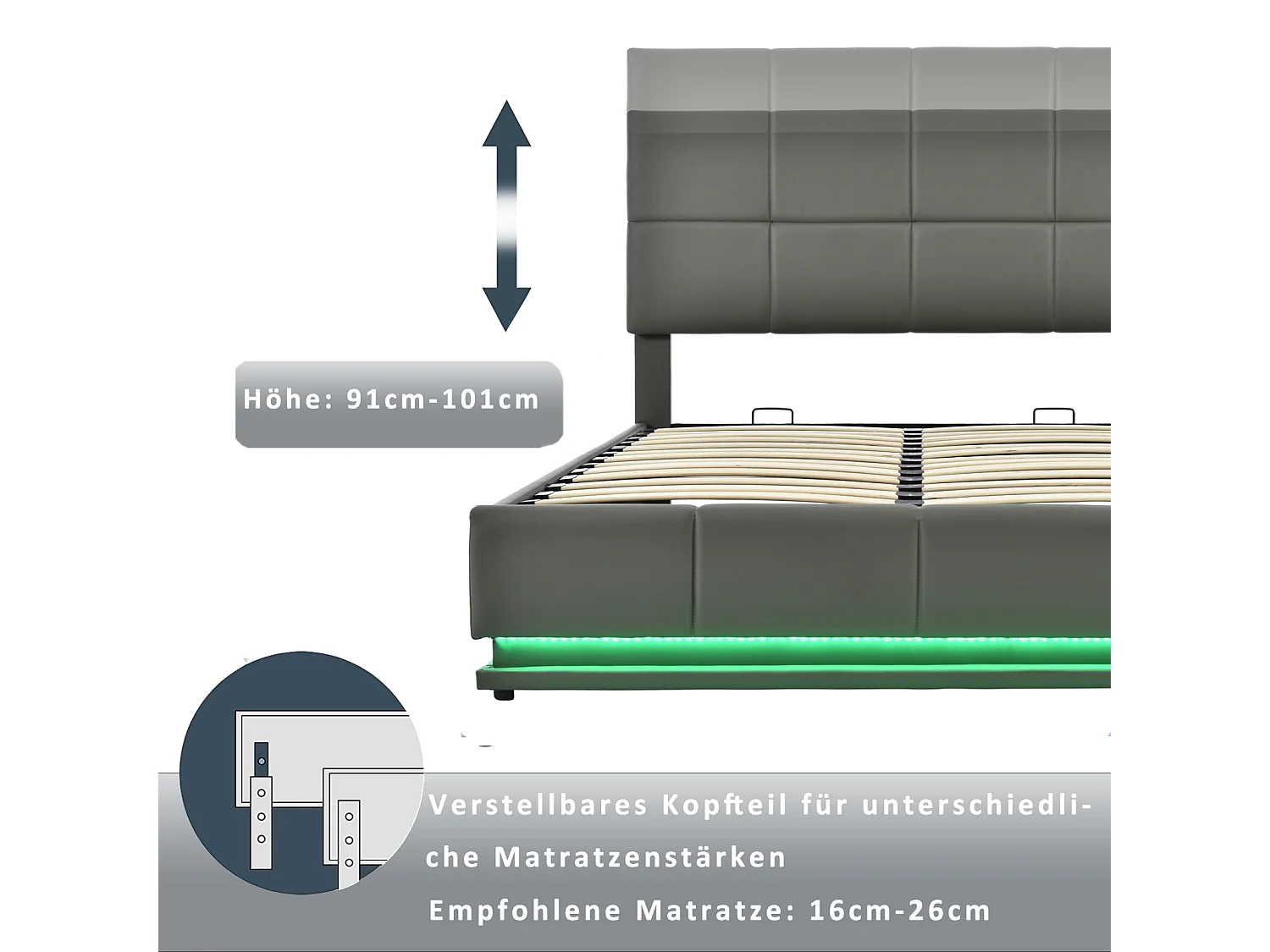 Letto contenitore 160x200 cm - Letto matrimoniale imbottito LED sollevabile idraulicamente con rete a doghe, testiera, rivestimento in similpelle PU - Grigio