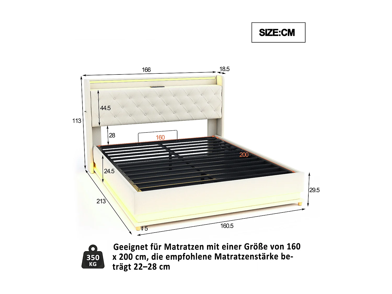 Cama con canapé tapizada LED, con somier de láminas y cabecero con función de carga USB, tejido de lino, beige 160x200cm