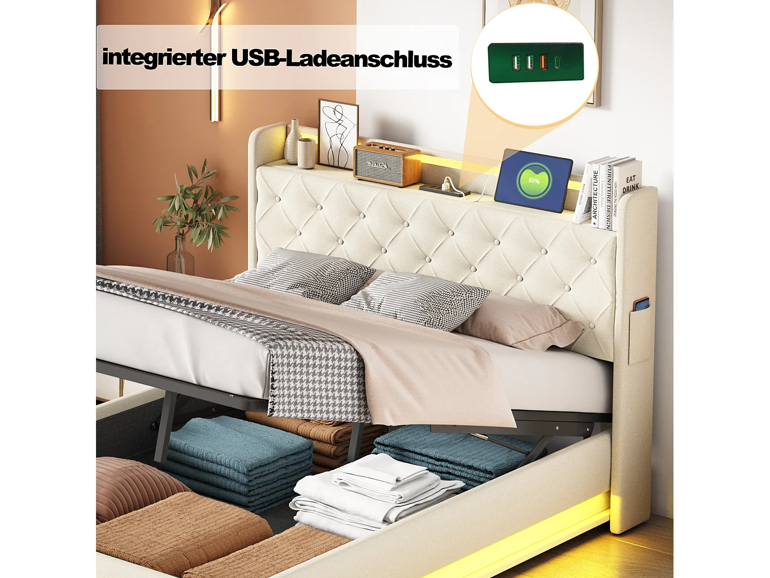 Cama con canapé tapizada LED, con somier de láminas y cabecero con función de carga USB, tejido de lino, beige 160x200cm