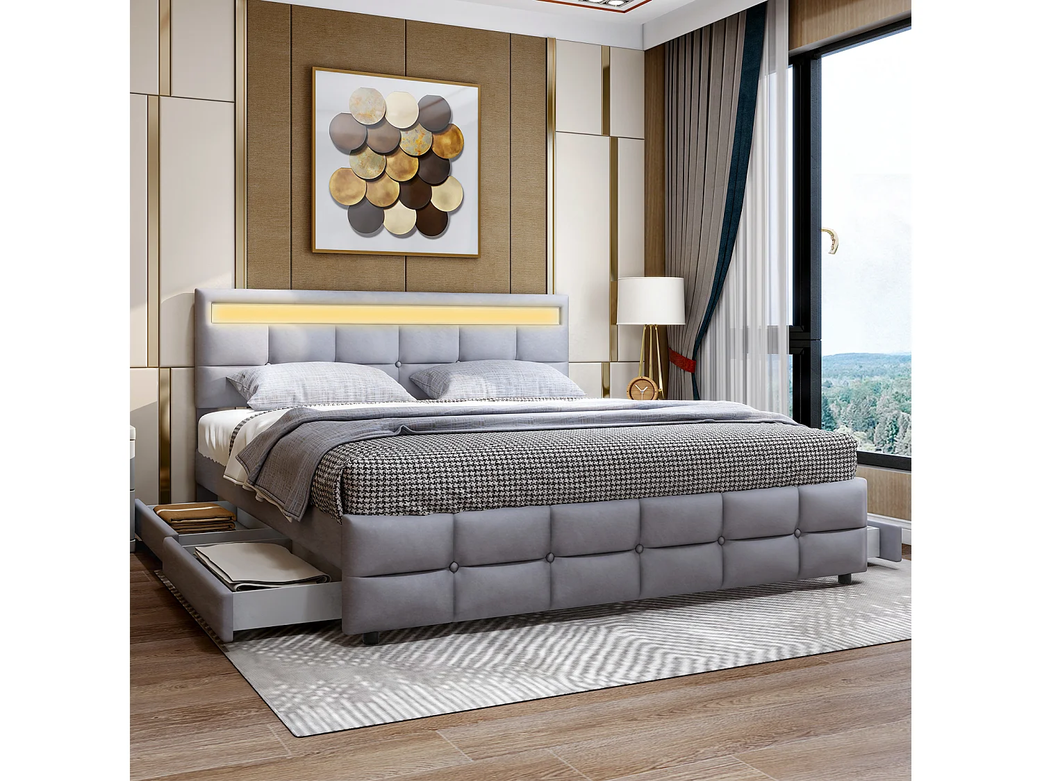 Lit rembourré double 180 x 200 cm - 4 tiroirs et LED - en tissu velours - Gris