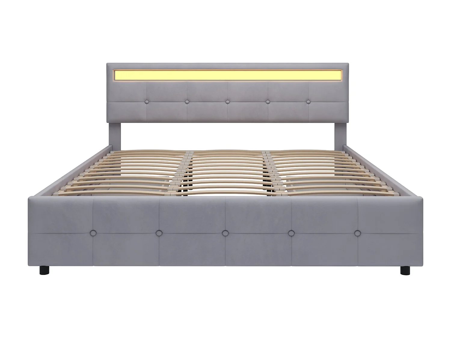 Lit rembourré double 180 x 200 cm - 4 tiroirs et LED - en tissu velours - Gris