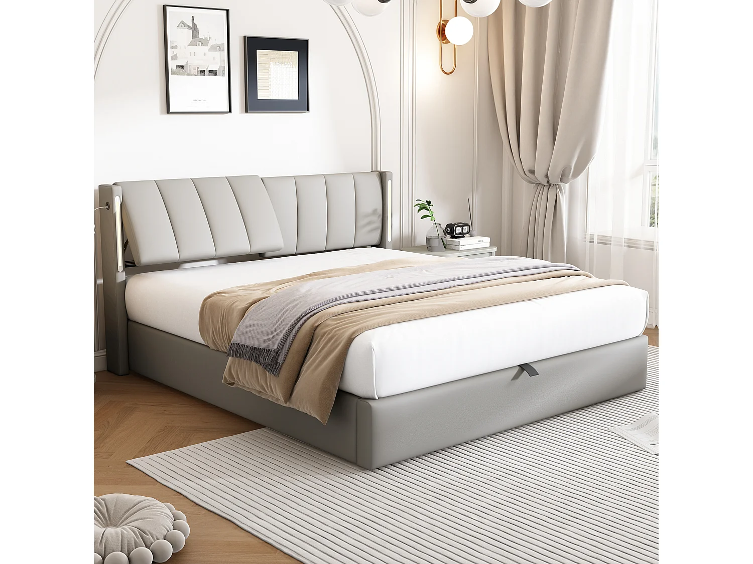 Letto contenitore con auricolare binaurale, letto imbottito in PU, con rete a doghe e testiera regolabile, LED e porta USB, Grigio 160x200cm