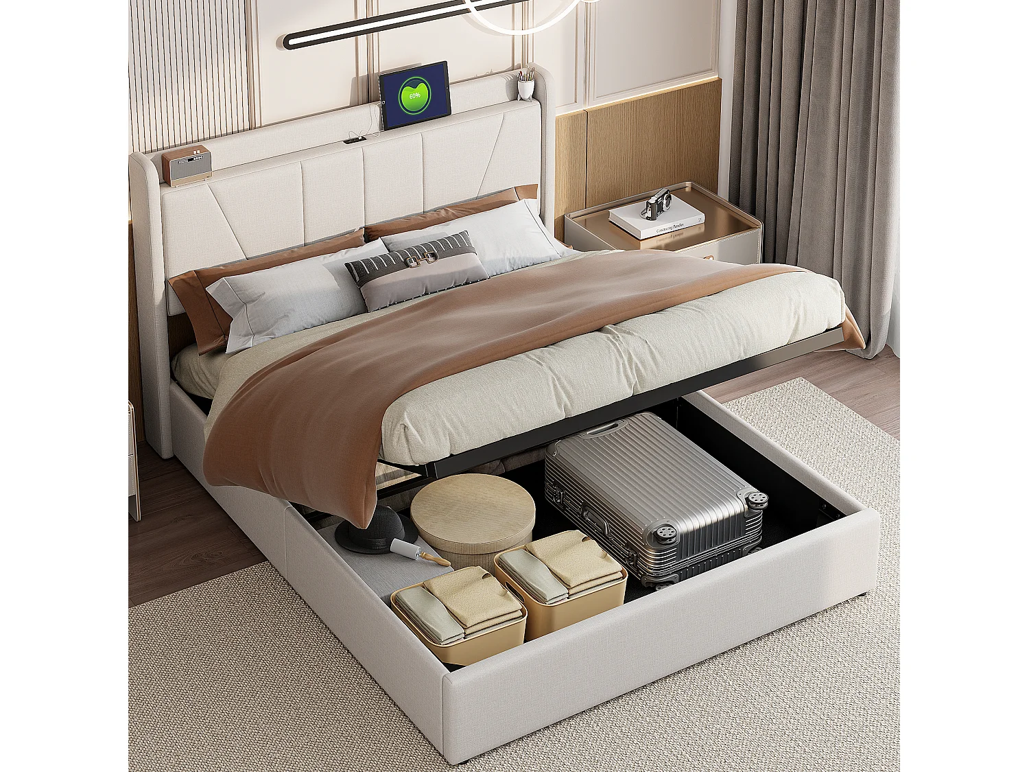 Letto contenitore in tessuto di lino 160x200cm con porta USB - testiera e rete a doghe - Beige