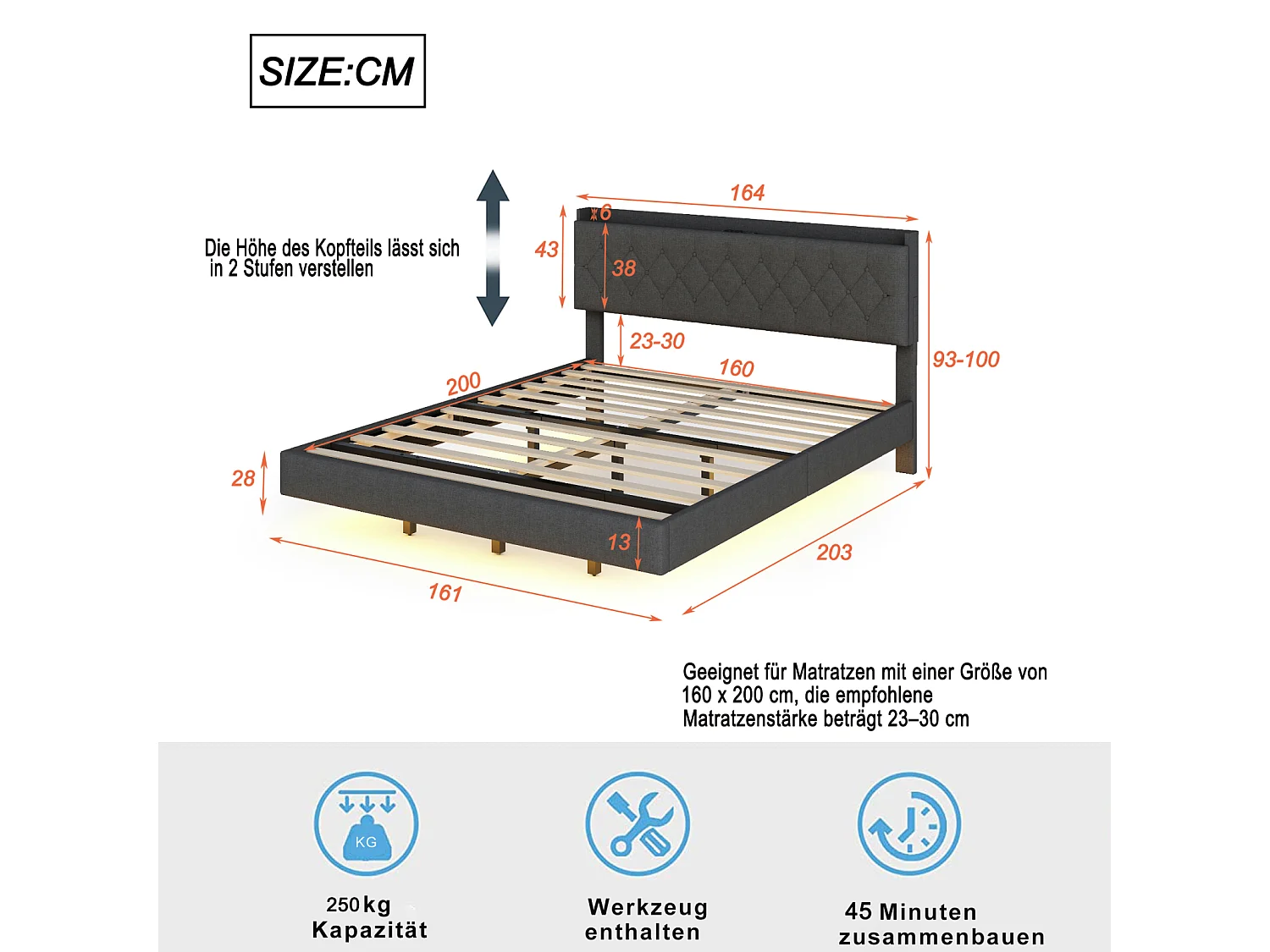 Letto matrimoniale sospeso a LED 160x200cm, in tessuto di lino, con rete a doghe e testiera con porta di ricarica USB, grigio