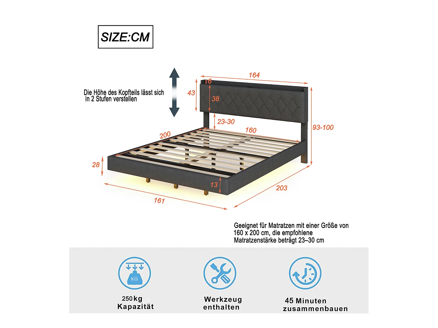 Cama doble suspendida LED 160x200cm, en tejido de lino, con somier de láminas y cabecero con puerto de carga USB, color gris