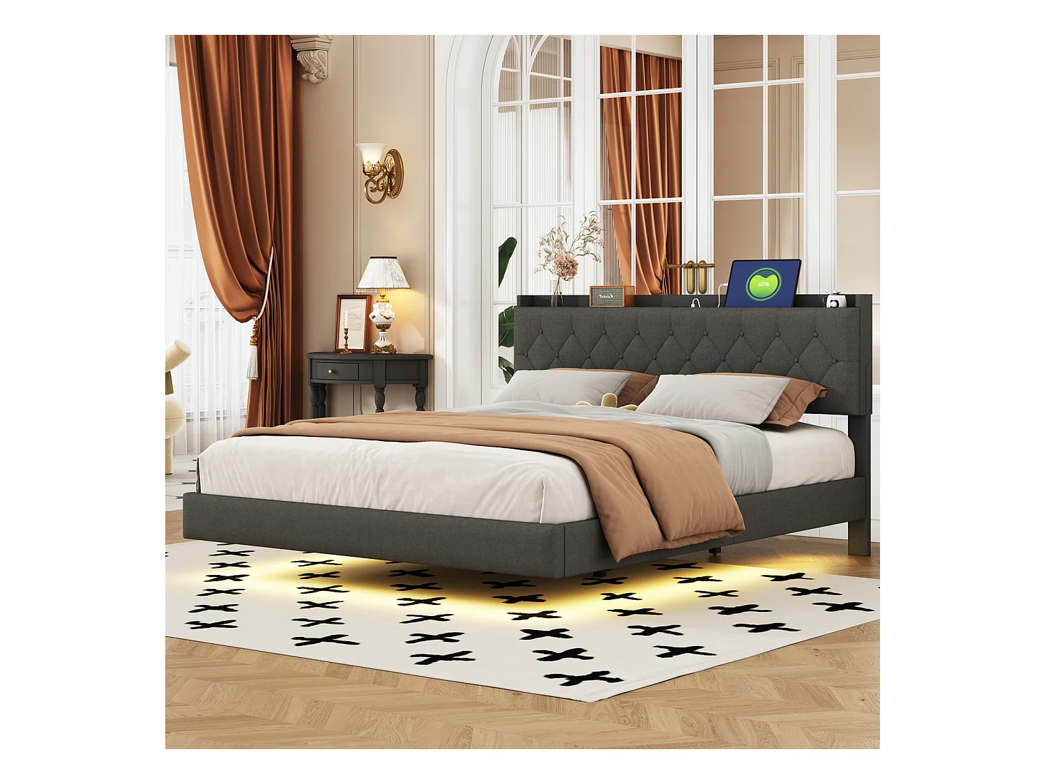 Cama doble suspendida LED 160x200cm, en tejido de lino, con somier de láminas y cabecero con puerto de carga USB, color gris