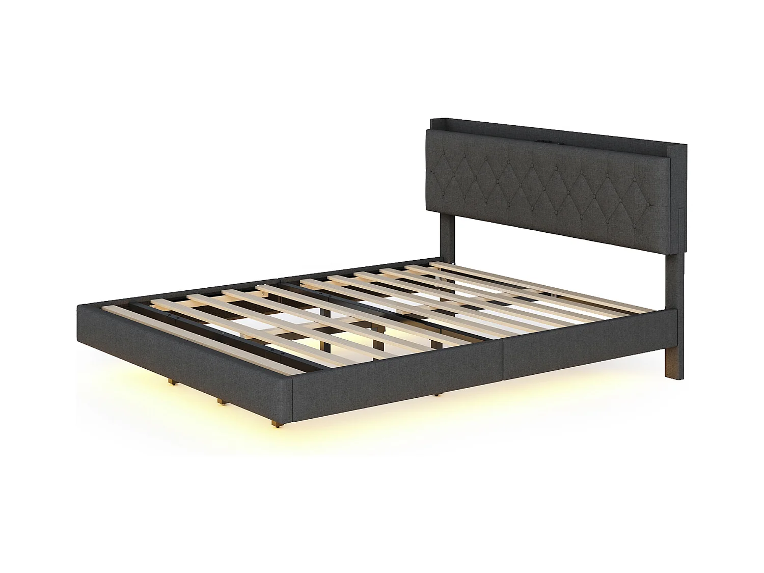 Cama doble suspendida LED 160x200cm, en tejido de lino, con somier de láminas y cabecero con puerto de carga USB, color gris