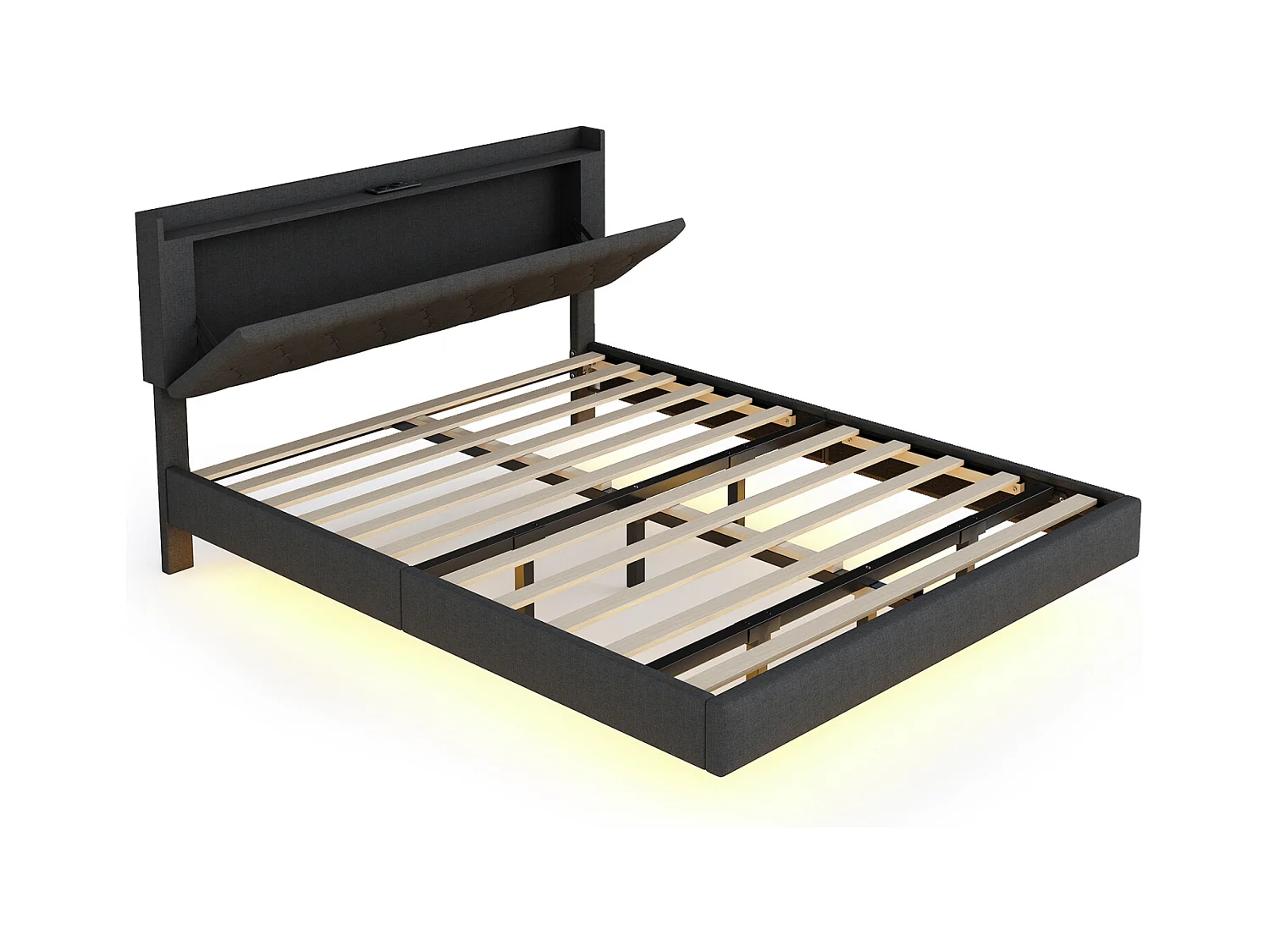 Cama doble suspendida LED 160x200cm, en tejido de lino, con somier de láminas y cabecero con puerto de carga USB, color gris