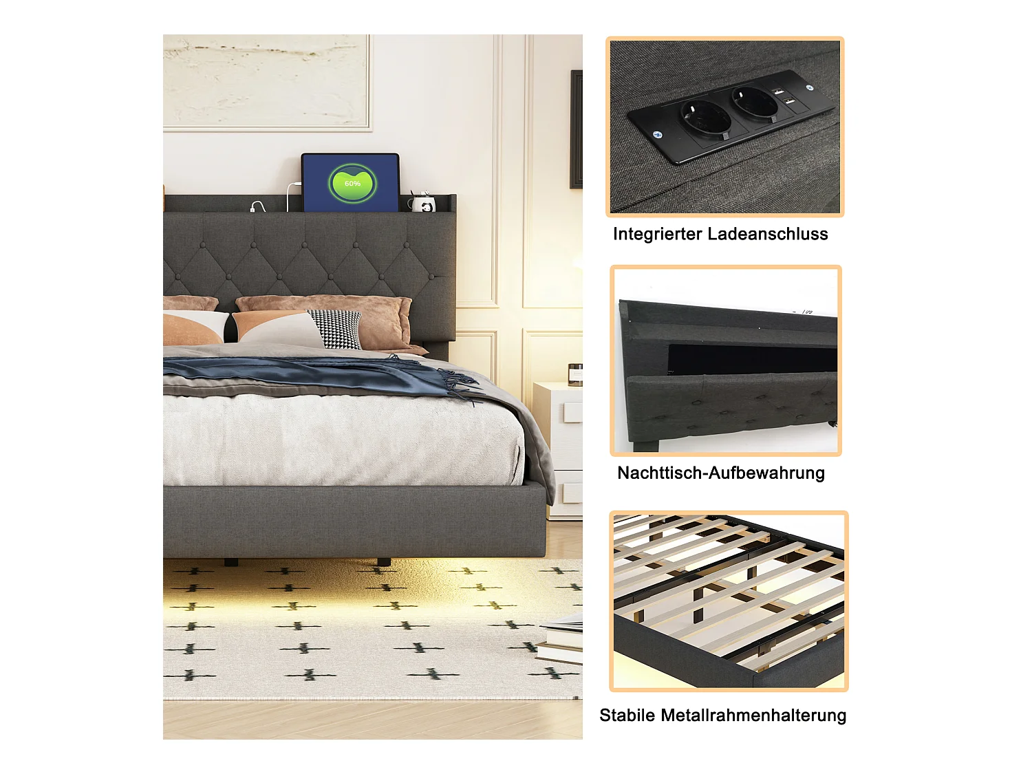 Cama doble suspendida LED 160x200cm, en tejido de lino, con somier de láminas y cabecero con puerto de carga USB, color gris