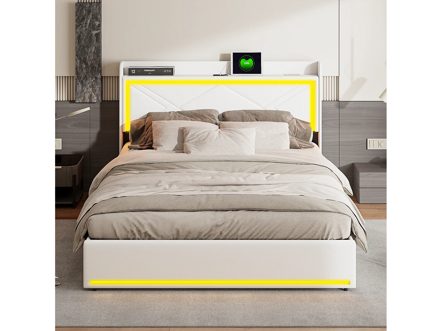Letto contenitore 140x200cm in tessuto similpelle - con LED e porte USB - con rete a doghe - Bianco