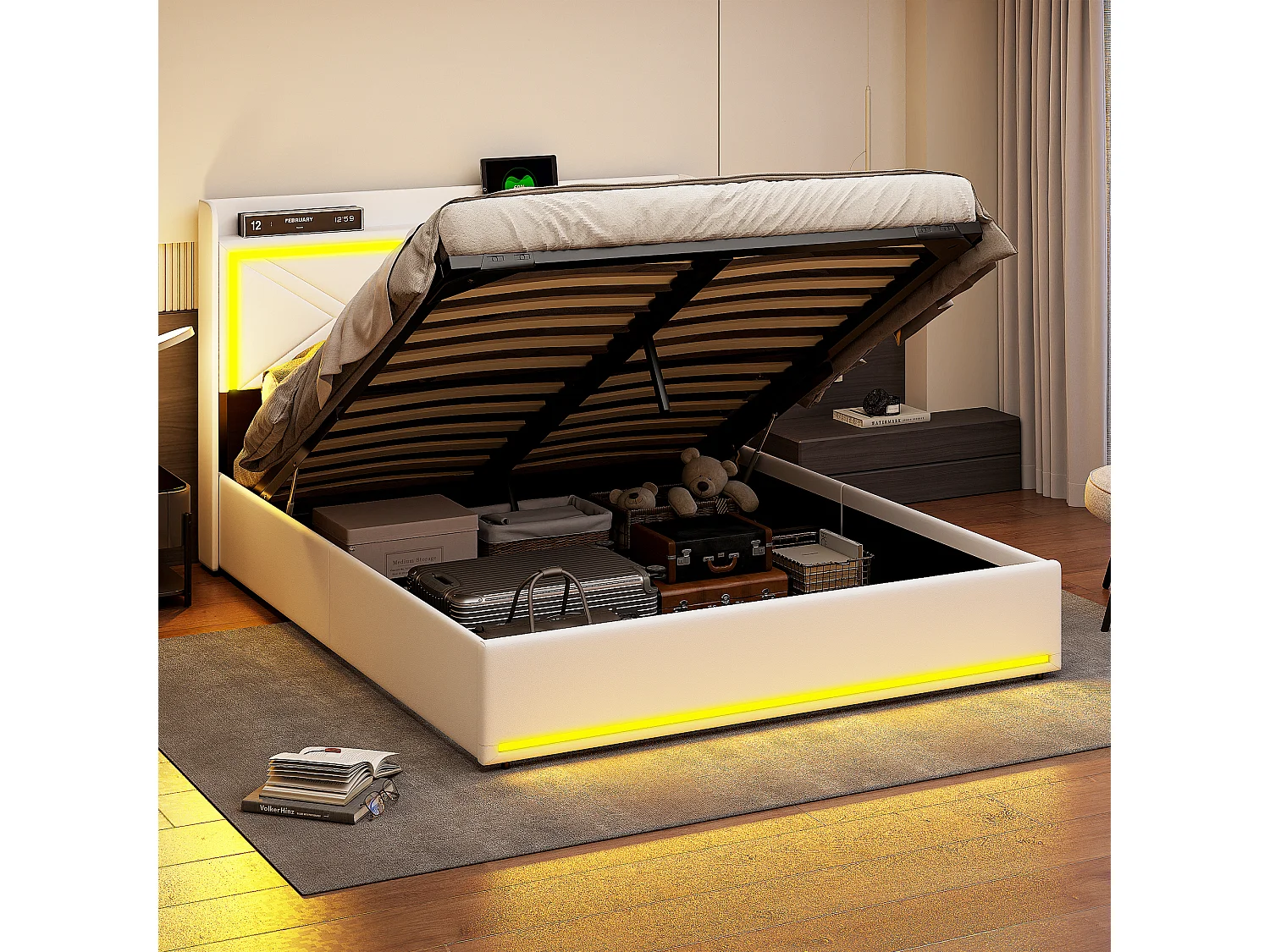 Letto contenitore 140x200cm in tessuto similpelle - con LED e porte USB - con rete a doghe - Bianco