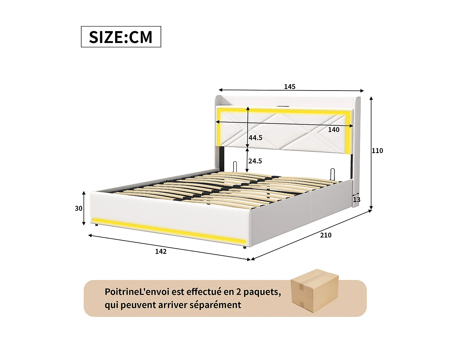 Letto contenitore 140x200cm in tessuto similpelle - con LED e porte USB - con rete a doghe - Bianco