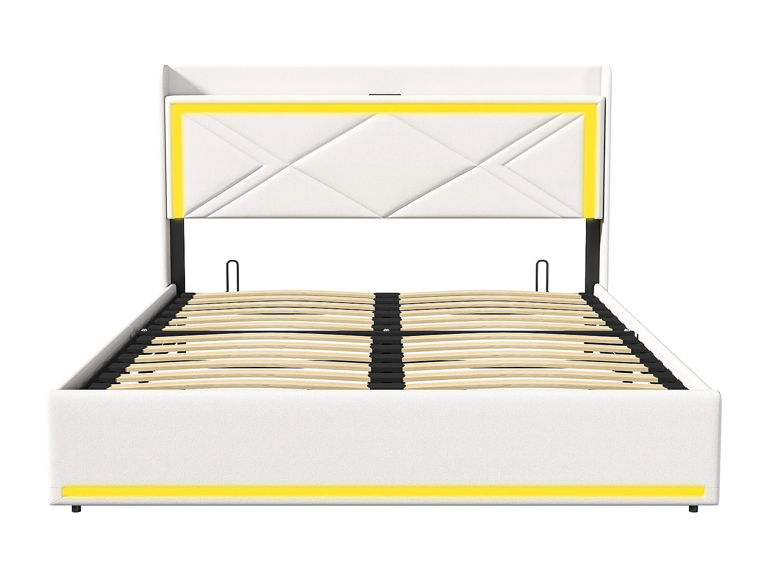 Letto contenitore 140x200cm in tessuto similpelle - con LED e porte USB - con rete a doghe - Bianco