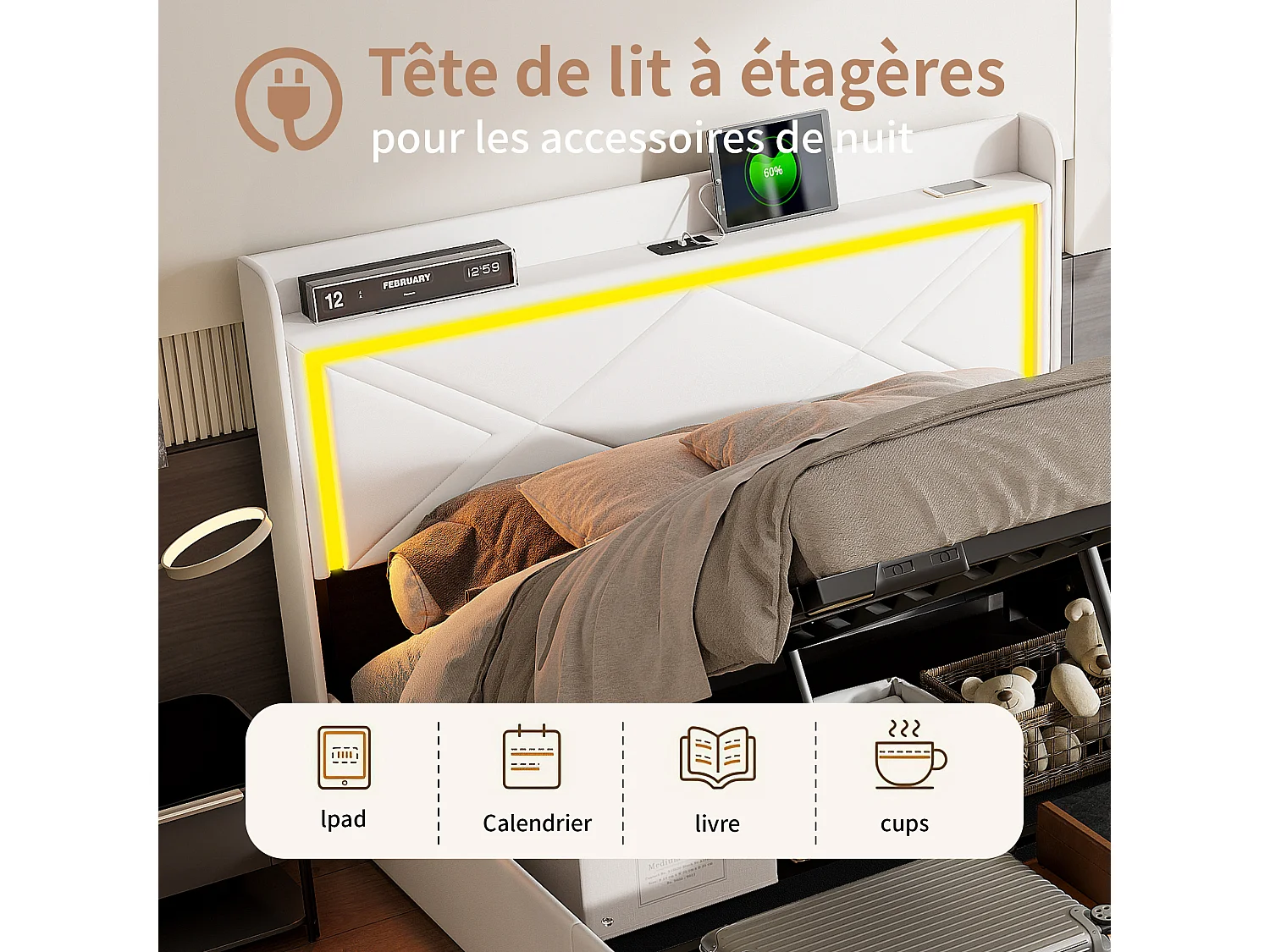 Letto contenitore 140x200cm in tessuto similpelle - con LED e porte USB - con rete a doghe - Bianco