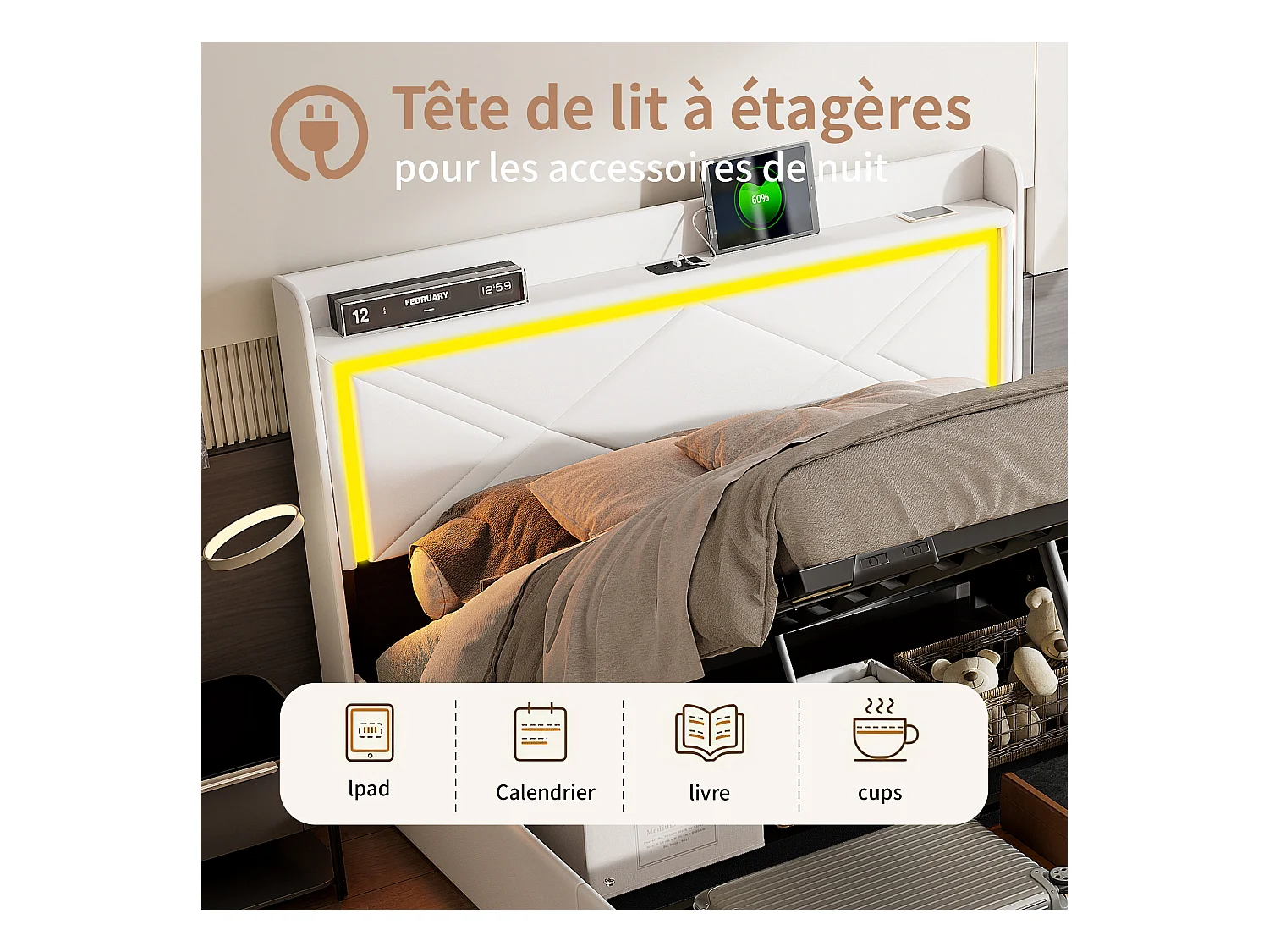 Lit coffre 140x200cm en tissu similicuir - avec LED et Ports de USB - avec sommier à lattes - Blanc