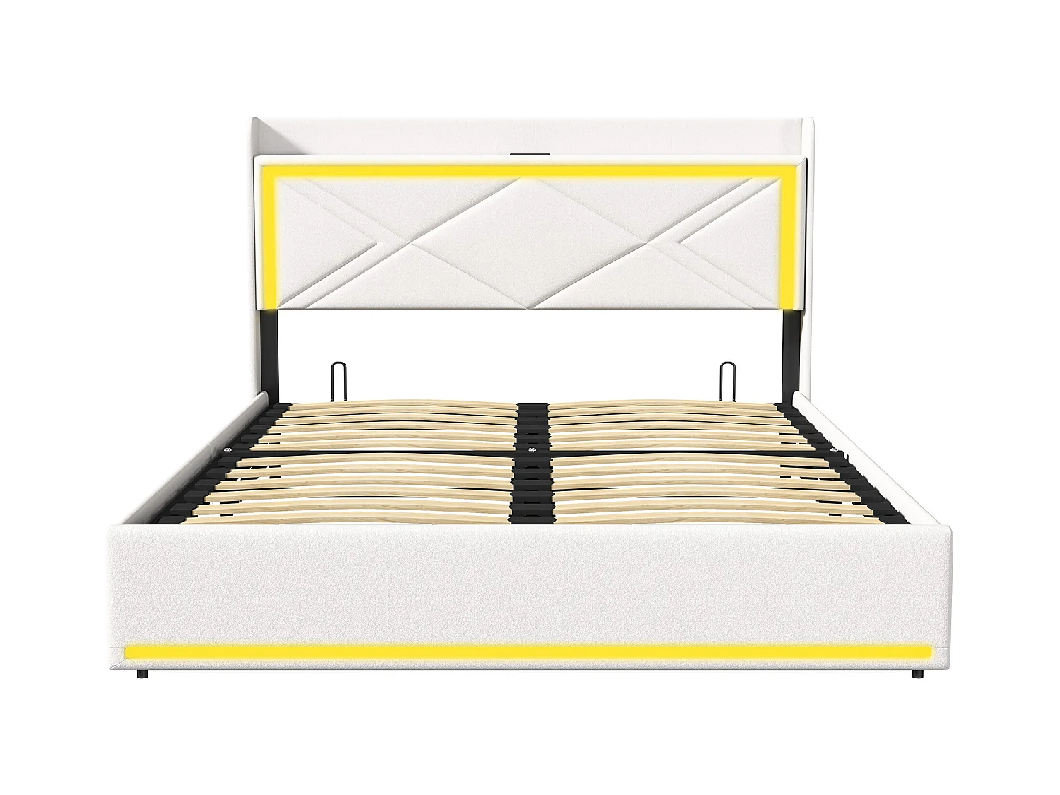 Lit coffre 140x200cm en tissu similicuir - avec LED et Ports de USB - avec sommier à lattes - Blanc