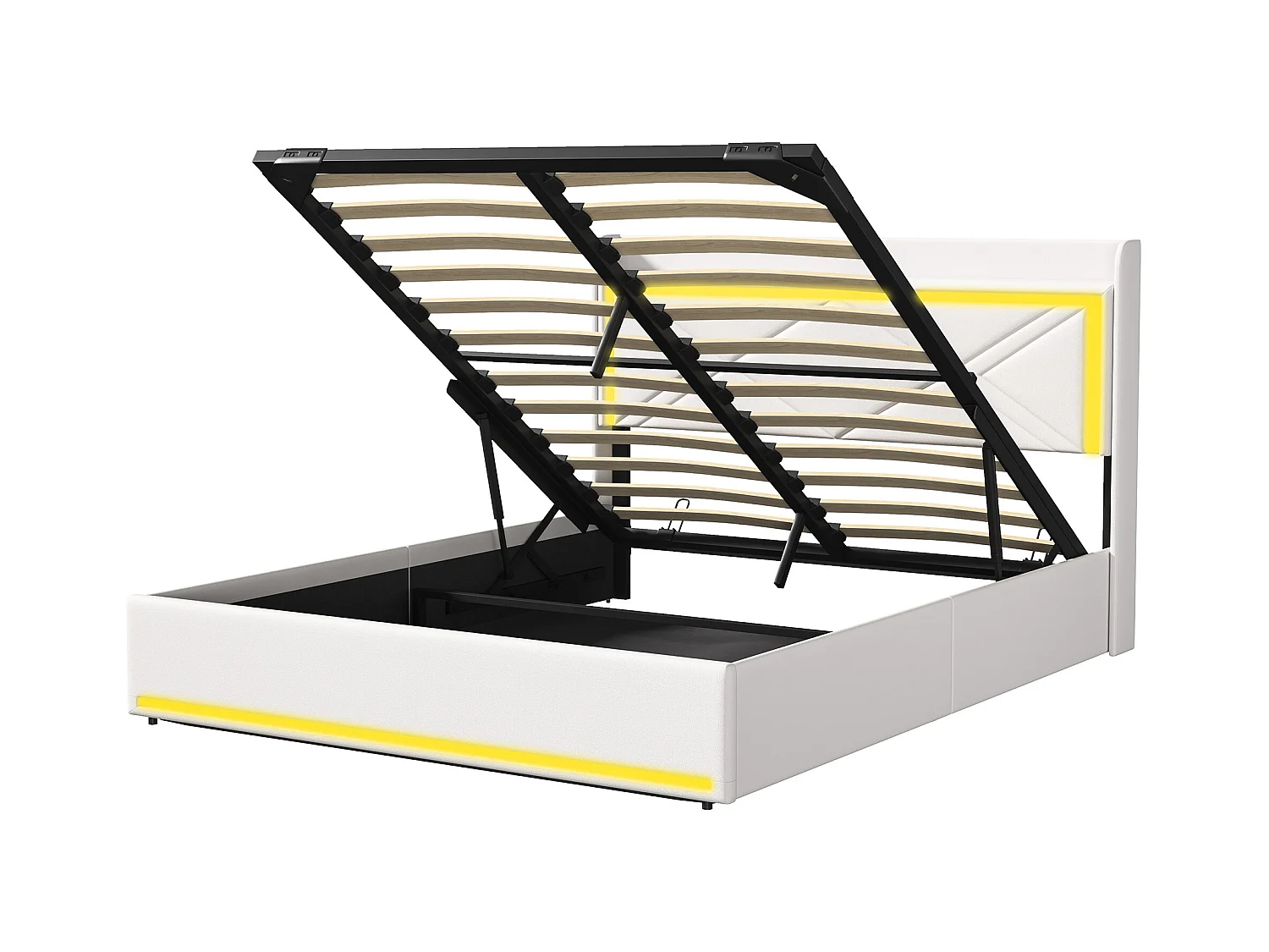 Lit coffre 140x200cm en tissu similicuir - avec LED et Ports de USB - avec sommier à lattes - Blanc