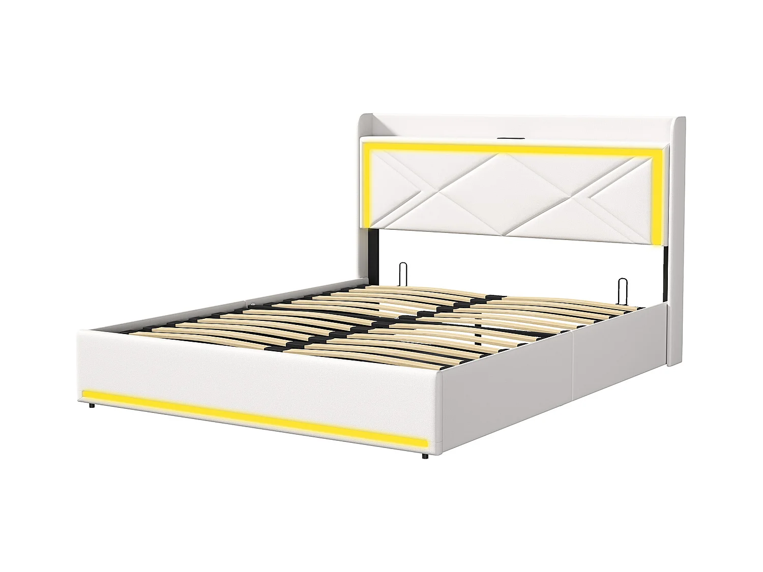 Lit coffre 140x200cm en tissu similicuir - avec LED et Ports de USB - avec sommier à lattes - Blanc