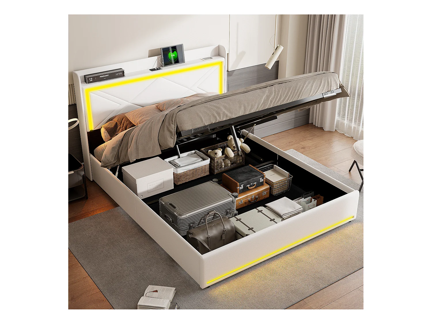 Lit coffre 140x200cm en tissu similicuir - avec LED et Ports de USB - avec sommier à lattes - Blanc