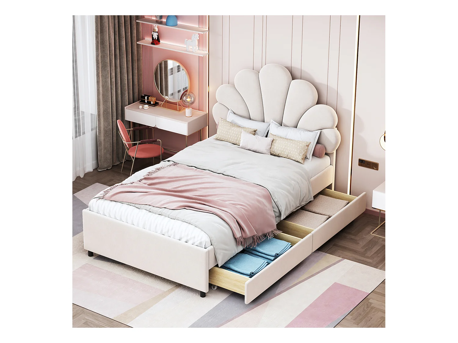 Lit adulte capitonné simple 90 x 200 cm avec tête de lit en forme de fleur et sommier à lattes, tissu velours doux pour la peau, beige, sans matelas