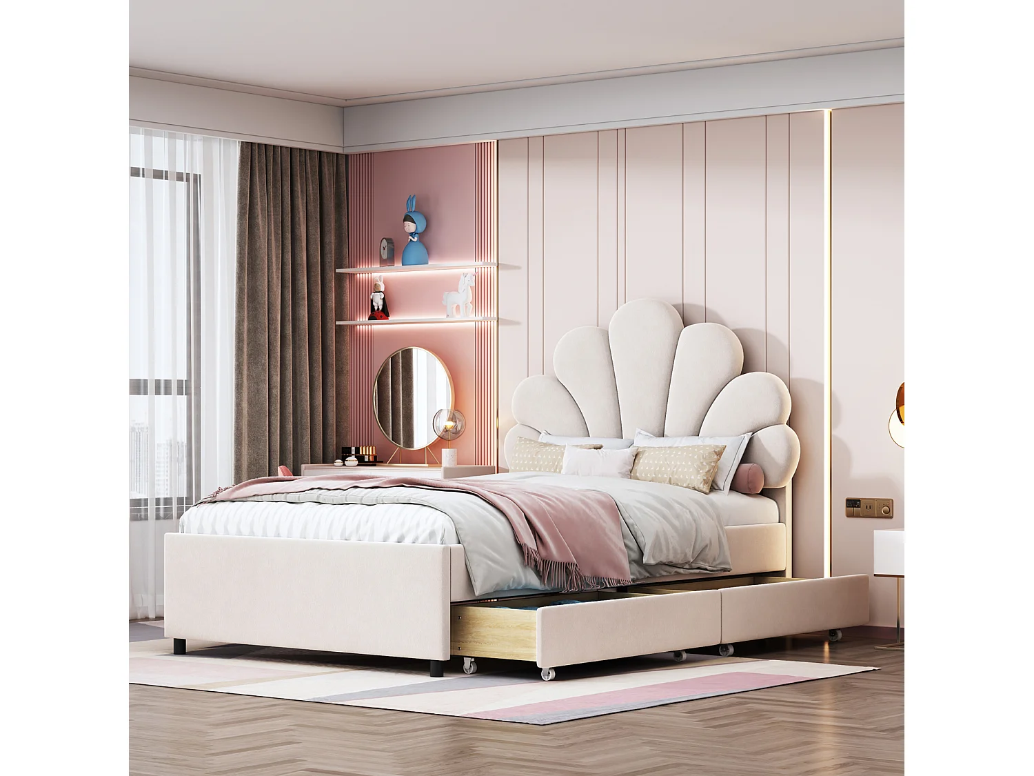 Lit adulte capitonné simple 90 x 200 cm avec tête de lit en forme de fleur et sommier à lattes, tissu velours doux pour la peau, beige, sans matelas
