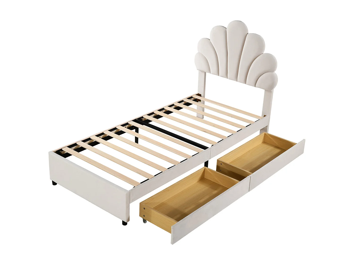 Lit adulte capitonné simple 90 x 200 cm avec tête de lit en forme de fleur et sommier à lattes, tissu velours doux pour la peau, beige, sans matelas