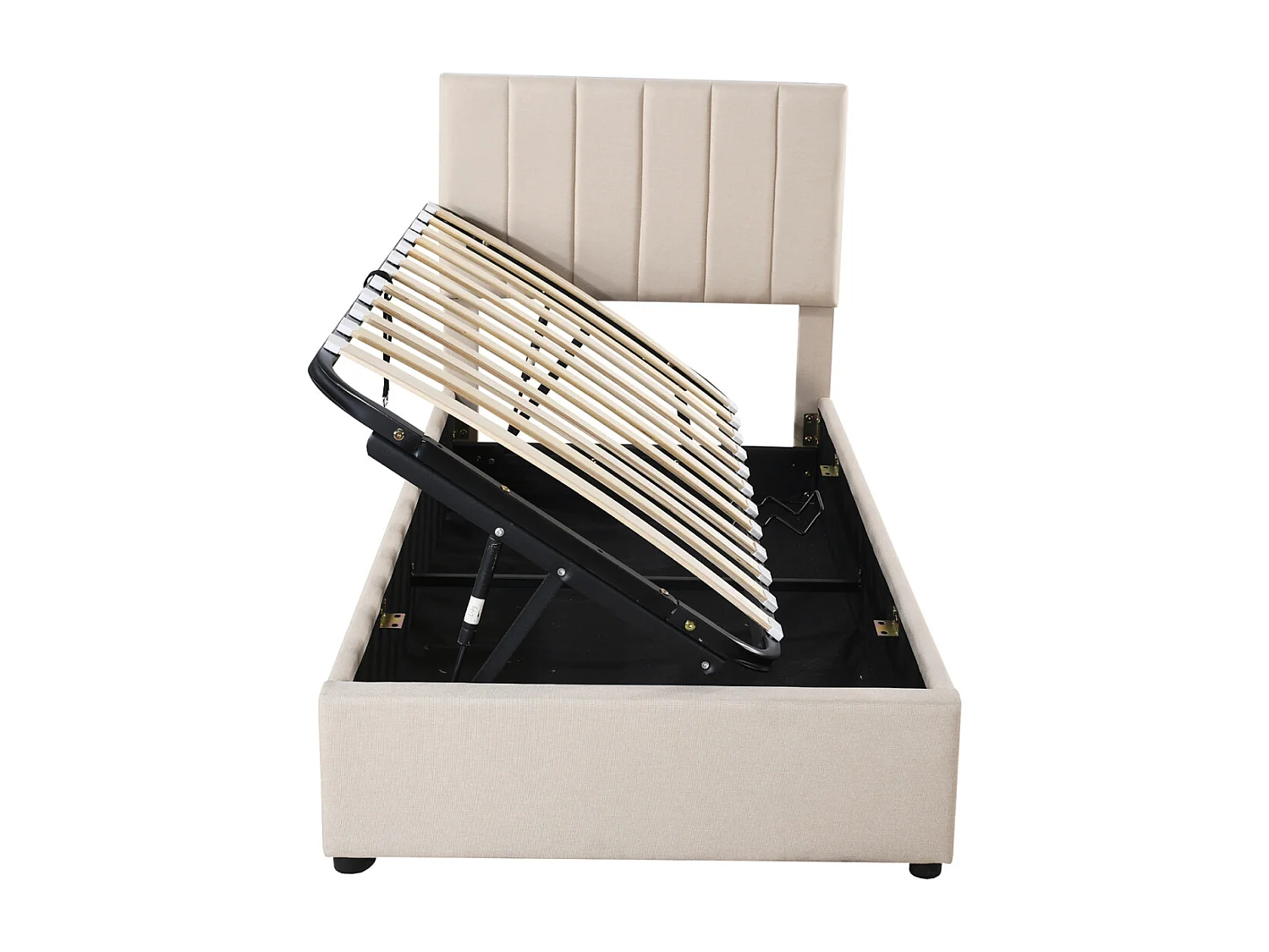 Lit coffre 90x200cm, lit capitonné d'enfant en lin, avec sommier à lattes et tête de lit, beige