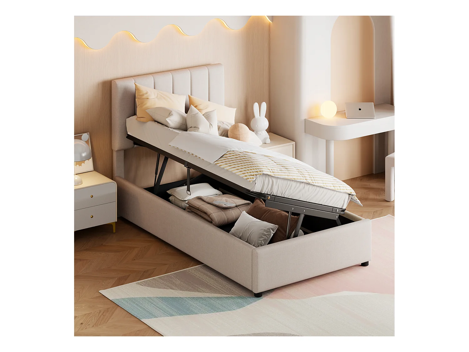 Lit coffre 90x200cm, lit capitonné d'enfant en lin, avec sommier à lattes et tête de lit, beige