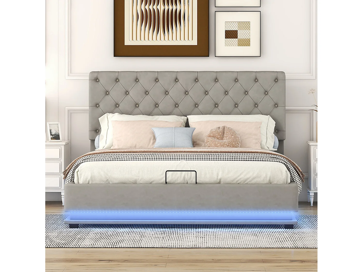 Lit coffre rembourré LED avec hydraulique et couvre-sommier à lattes, tête de lit réglable, Gris, 140x200cm