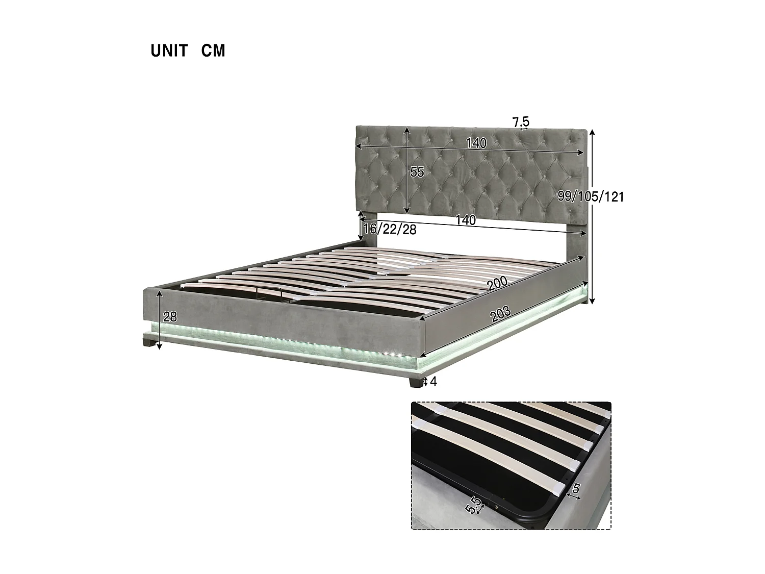 Lit coffre rembourré LED avec hydraulique et couvre-sommier à lattes, tête de lit réglable, Gris, 140x200cm