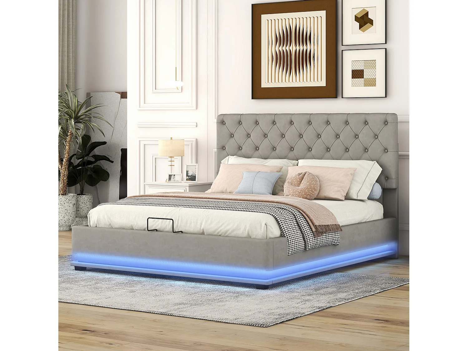 Lit coffre rembourré LED avec hydraulique et couvre-sommier à lattes, tête de lit réglable, Gris, 140x200cm