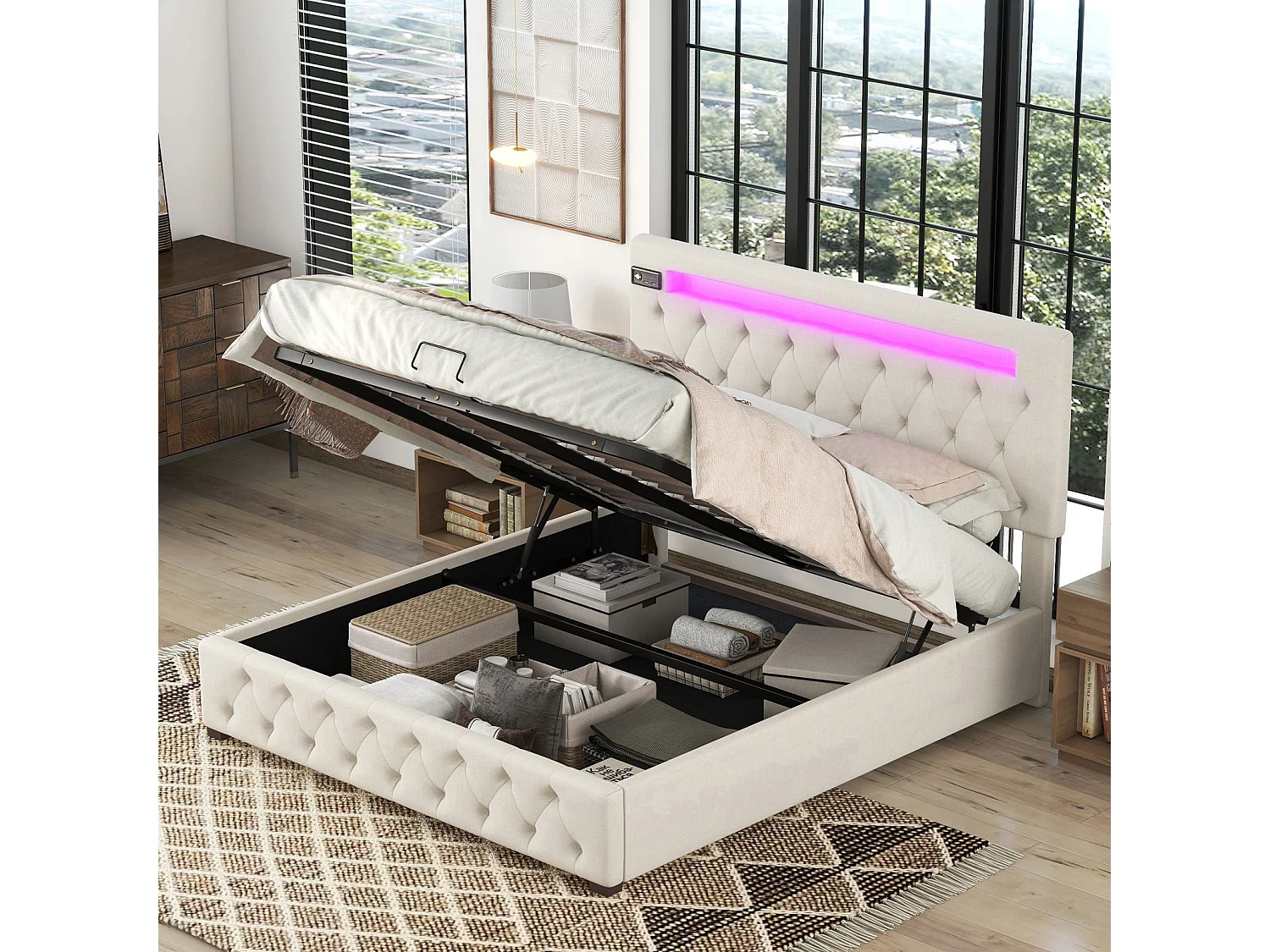 Gestoffeerd tweepersoonsbed 140x200cm, hoofdbord met opbergruimte, USB