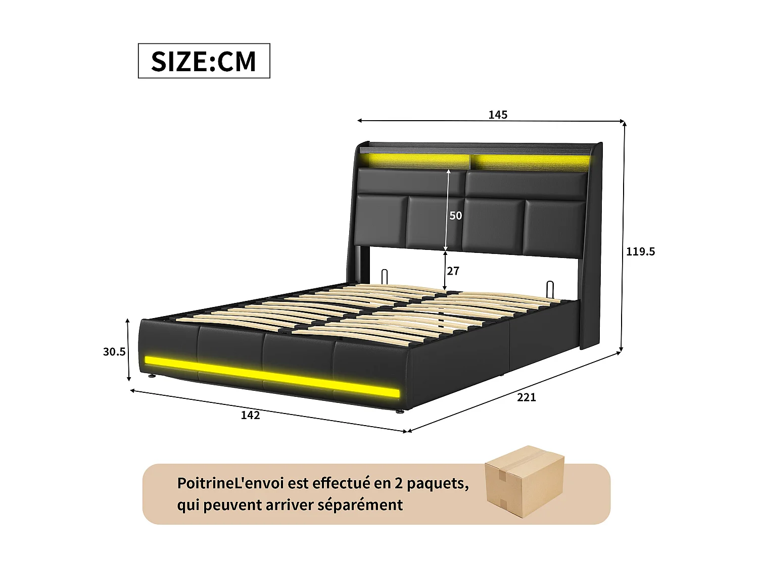Bed 140x200 cm, Gestoffeerd bed met LED-verlichting, Gestoffeerd bed met lattenbodem en bedstee, Hydraulisch functioneel bed, logeerbed, voor volwassenen, PU, Zwart