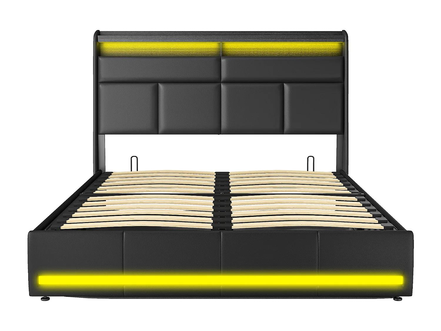 Bed 140x200 cm, Gestoffeerd bed met LED-verlichting, Gestoffeerd bed met lattenbodem en bedstee, Hydraulisch functioneel bed, logeerbed, voor volwassenen, PU, Zwart