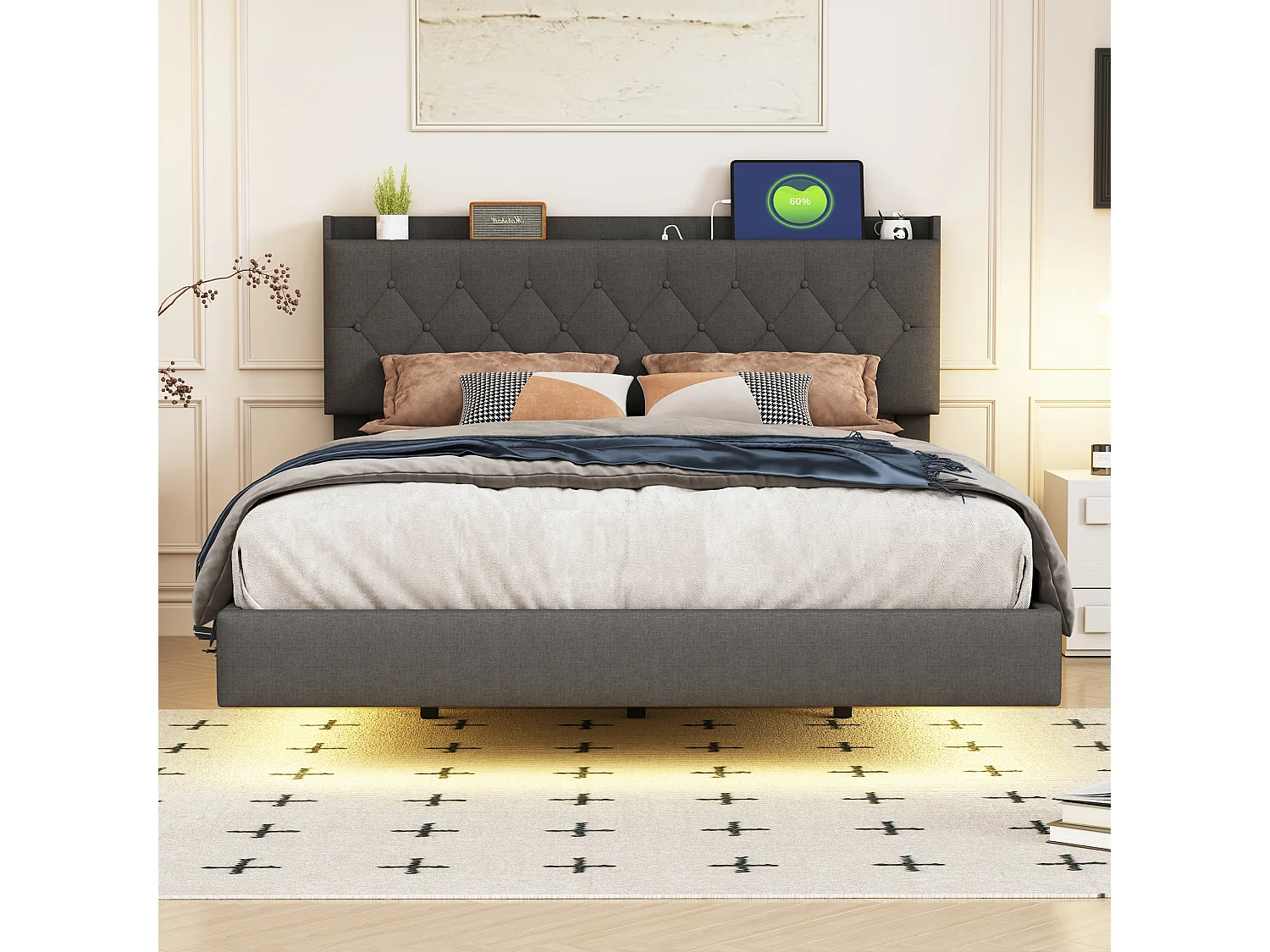 Lit double LED suspendu 140x200cm, en tissu de lin, avec sommier à lattes et tête de lit avec port de chargement USB, gris