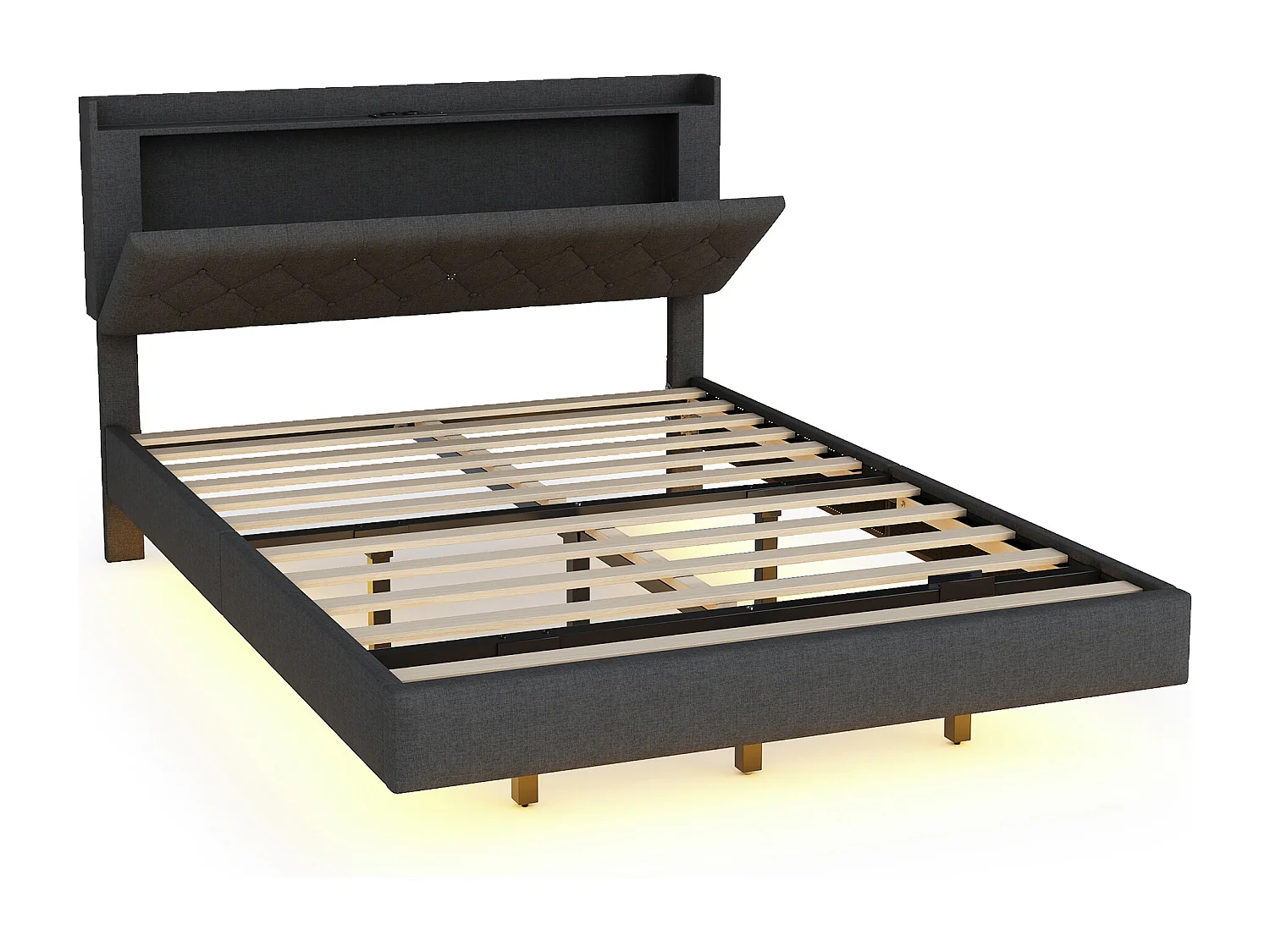 Lit double LED suspendu 140x200cm, en tissu de lin, avec sommier à lattes et tête de lit avec port de chargement USB, gris