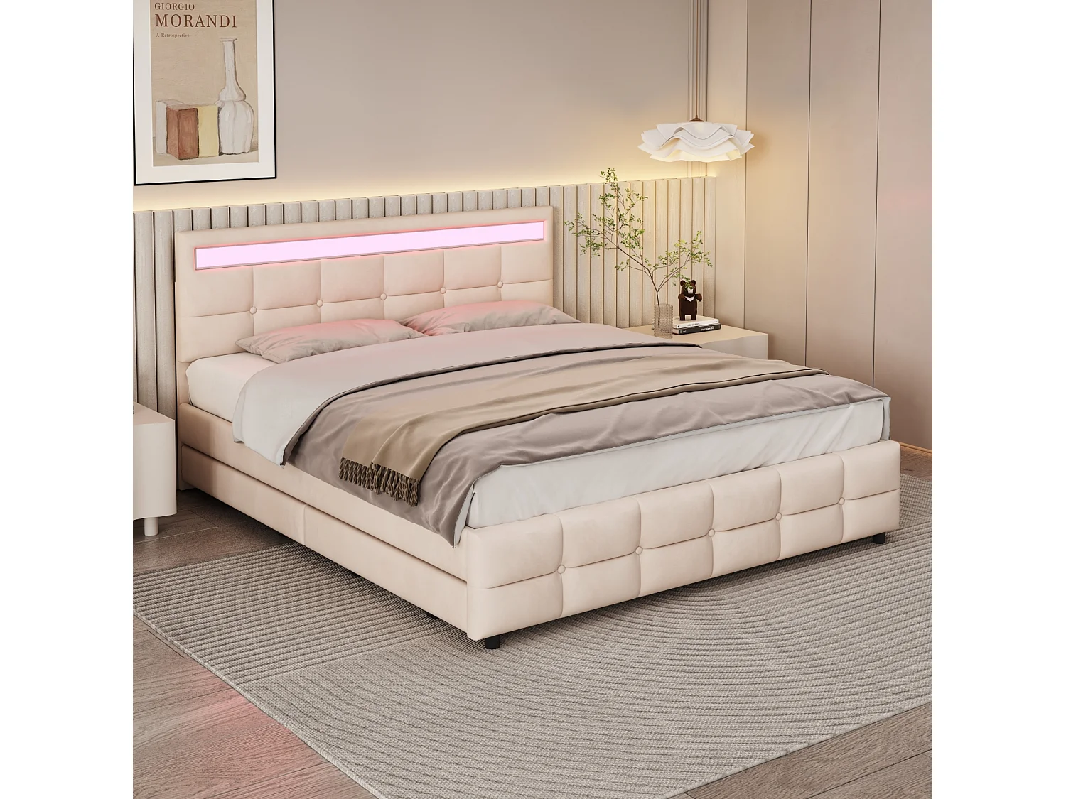 Lit rembourré double 180 x 200 cm - 4 tiroirs et LED - en tissu velours - Beige